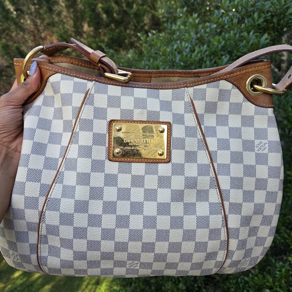 Louis Vuitton Damier Azur Canvas Shoulder Bag with Brown Leather Trim